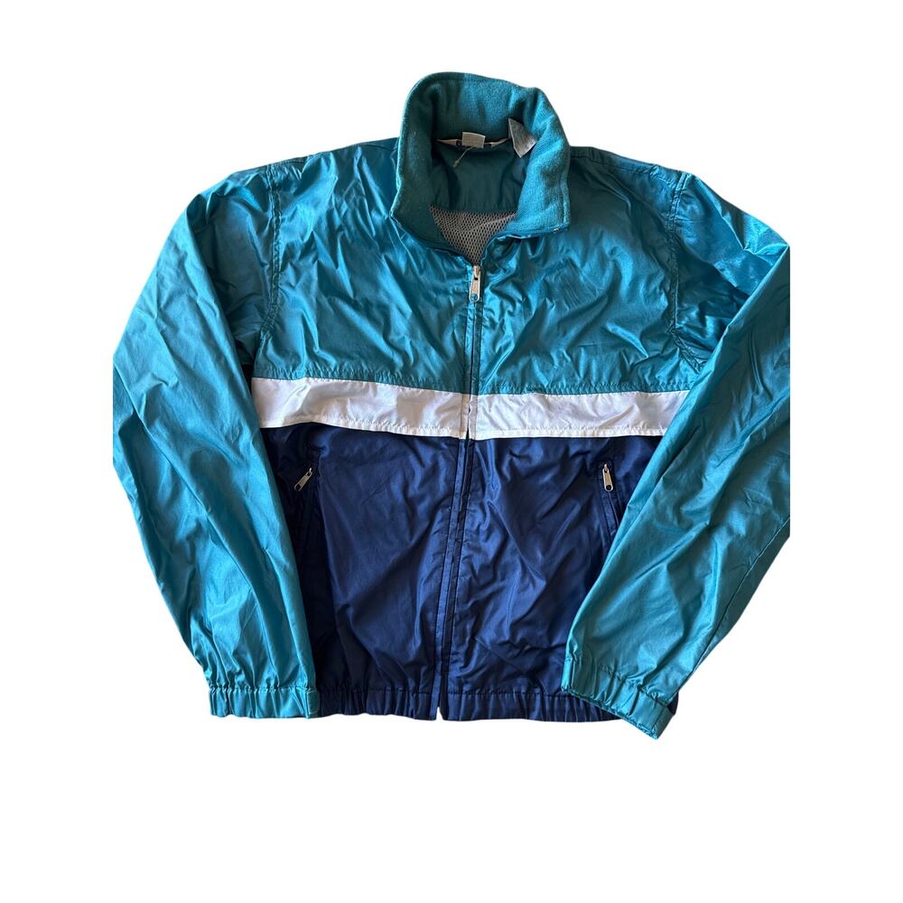 Vintage L.L.Bean Blue Teal White Full Zip Nylon Windbreaker Small Runners Jacket